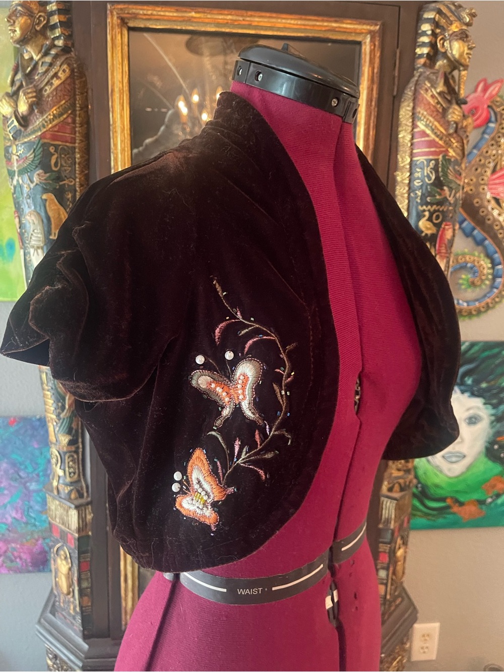Embroidered Dark BrownVelvet Cropped Bolero Jacket - Floral Detail - Picture 4 of 6